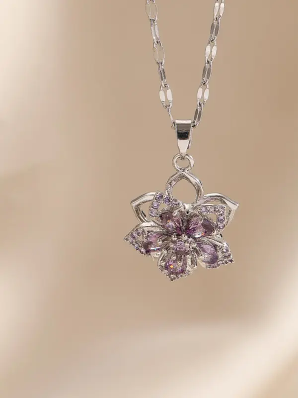 Elegant Rhinestone Decorated Rotating Flower Design Pendant Necklace,  Gorgeous Casual Matching Necklace Jewelry, Classic Fashion Accessories for Daily Wear 8