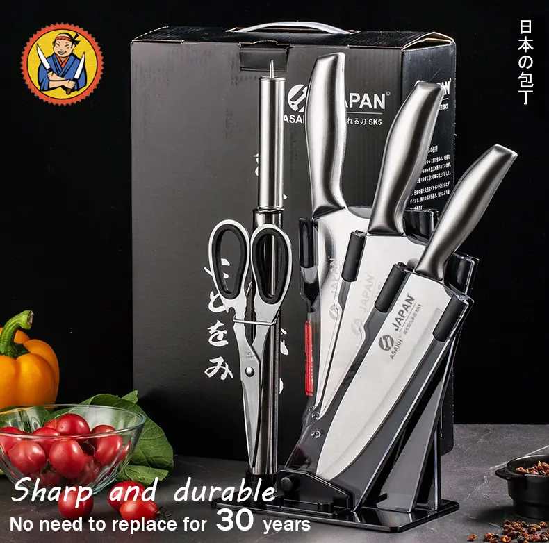 6 In 1 Japanese Stainless Steel Butcher Cleaver Chef Paring Scissor Knife Set Block Holder Kitchen Kitchen Knives Knives Rack Knife Block Stylish multicolor scratch resistant