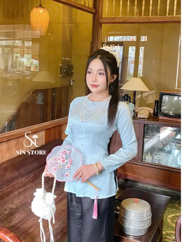 Nguyên bộ bà ba cổ tròn đính cúc ngọc áo lụa xước quần lụa satin tay dài-SÍN STORE-L06 6