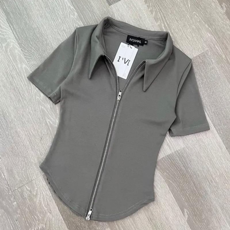 Áo Thun Nữ Bigsize Tay Ngắn Có Khóa Kéo IMO Áo Phong Nữ Bigsize Dài Ngắn Cổ Polo Ôm Body Dễ Thương Xinh Vải Thun Borip MS0006 Top Áo Nữ Women Kem Tim