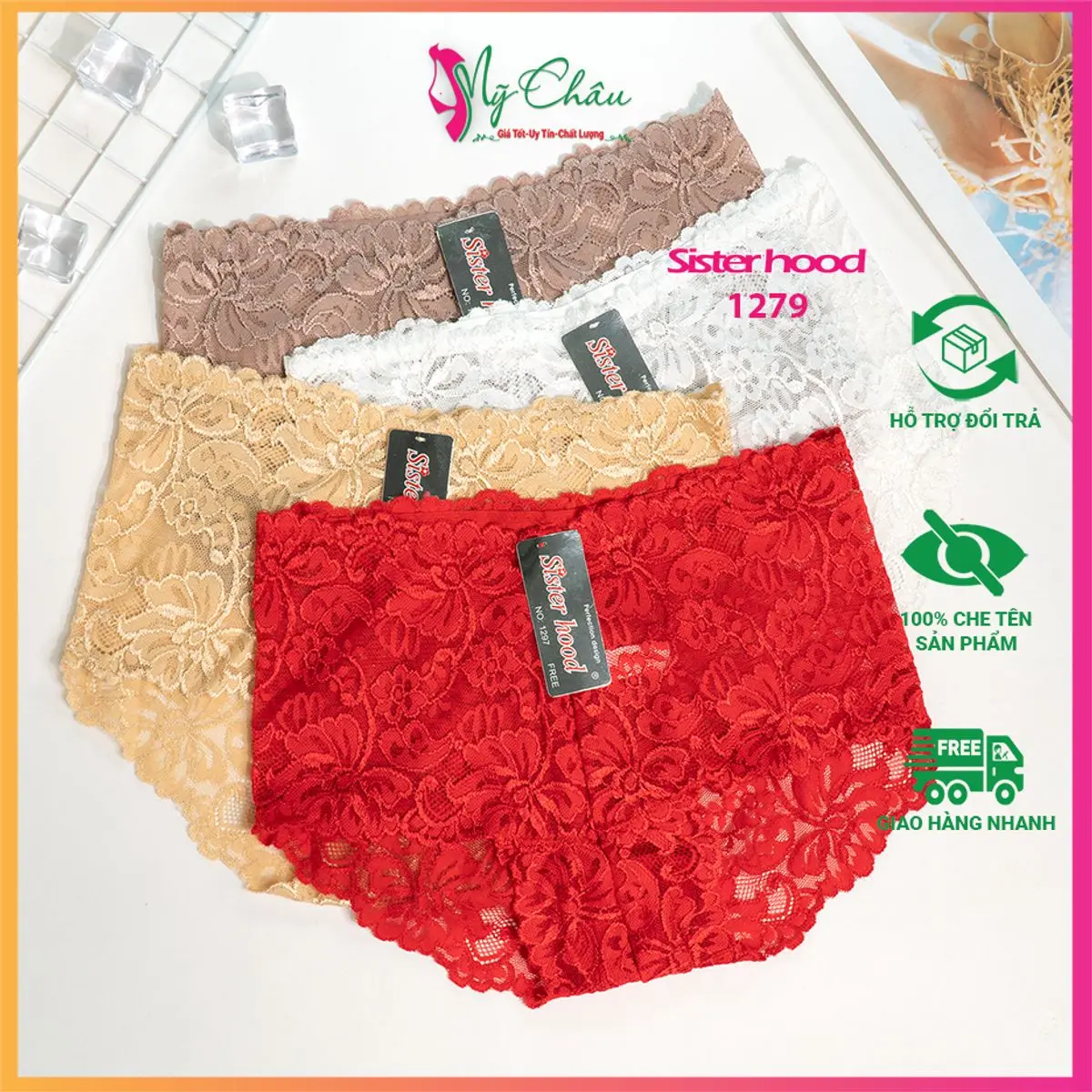 Quần lót ren gợi cảm cao cấp, Quần chíp cạp cao Thái Lan Sister hood 1297, Quần full ren, Thoải mái, Mỹ  Châu Shop