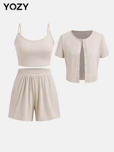 YOZY Solid Ribbed Crop Cami Top & Elastic Waist Shorts & Short Sleeve Outerwear Set, Casual Three Piece Set, 2024 Women's Summer Outfits for Daily Wear