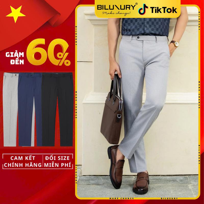 Quần Âu Biluxury Caro Chìm 8QAUC409 Cạp Tăng Giảm-Flex Pants Polyester Form Slimfit Dáng quần ôm vừa, tôn dáng người mặc Menswear Nam Kem