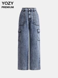 YOZY Women's Denim-Effect Print Button Fly Flap Pocket Pants, Casual Street Straight Leg Trousers for Daily Wear, Ladies Bottoms for All Seasons