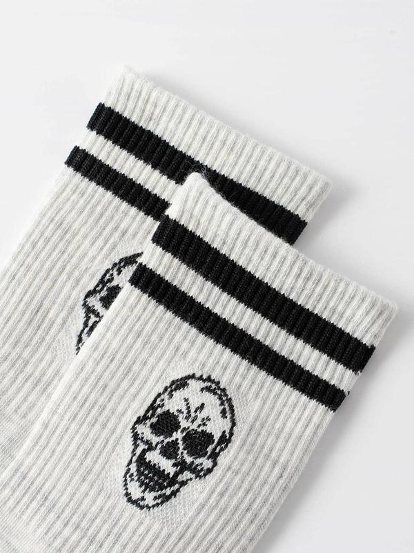 Women's 1 Pair Skull & Striped Pattern Crew Socks, Sporty Casual Mid-calf Socks, Ribbed Knit Socks for Women, Women's Hosiery 6