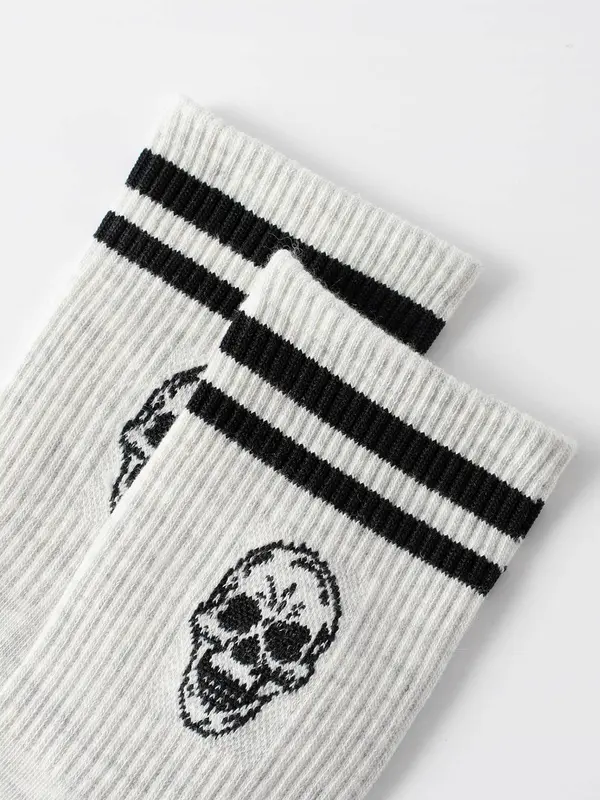Women's 1 Pair Skull & Striped Pattern Crew Socks, Sporty Casual Mid-calf Socks, Ribbed Knit Socks for Women, Women's Hosiery 6