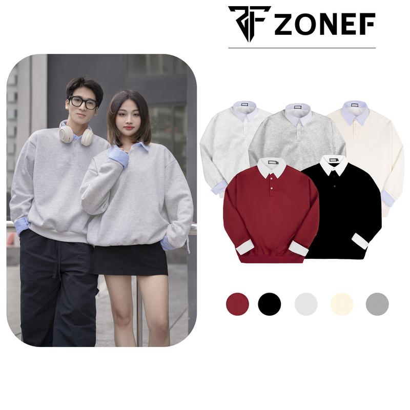 Áo Sweater Dài Tay Phối Sơ Mi Kẻ Xanh Nhạt Liền Thân. Áo Sweater nỉ 2 da nam nữ oversize Menswear