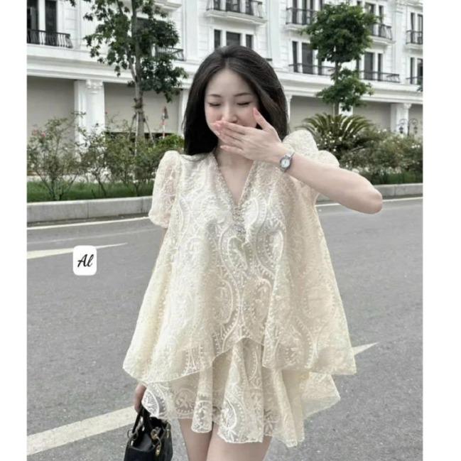 Set bộ chân váy tiểu thư cổ áo thêu đá lấp lánh tay áo bồng 2