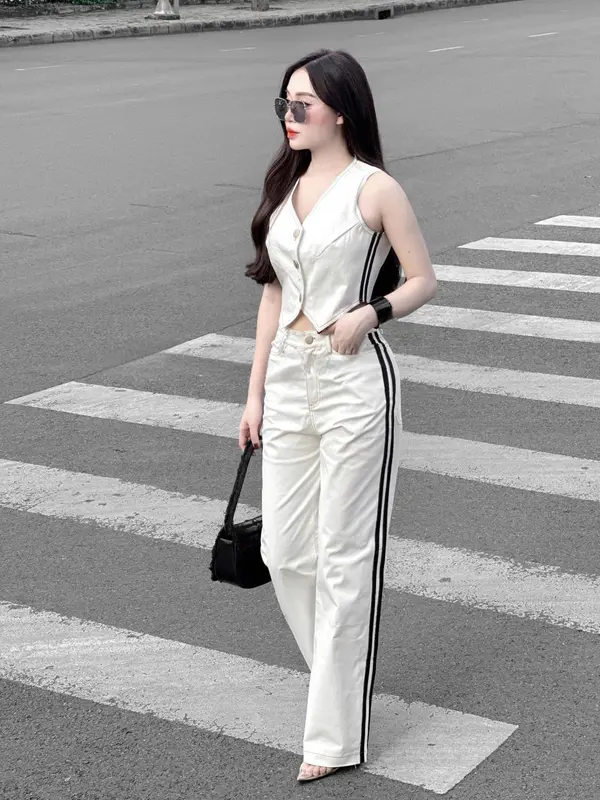 Sét Áo Sơ Mi Nữ GiLe Nữ Áo Sát Nách Quần Suông KaKi Màu Trắng,Quần Nữ Dáng Dài Sang Chảnh,Đi Chơi.Đi Làm,Dạo Phố S066 setáocroptopquầnsuông nơ set bộ ống Women Ong 6
