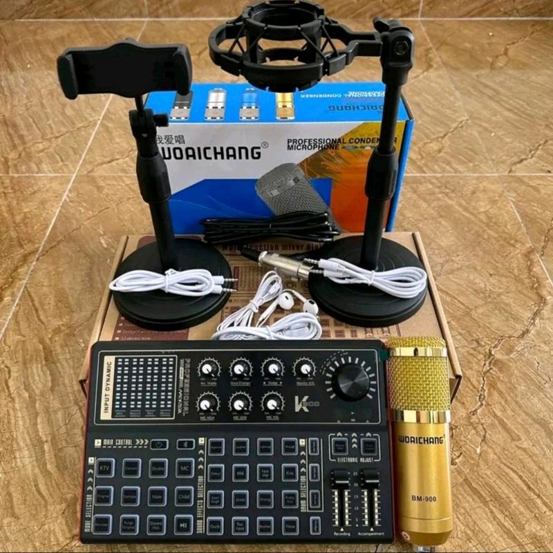 Bộ micro hát karaoke live stream míc BM900 card k300 kèm kẹp điện thoại kẹp míc tai nghe autotune livestream máy thu