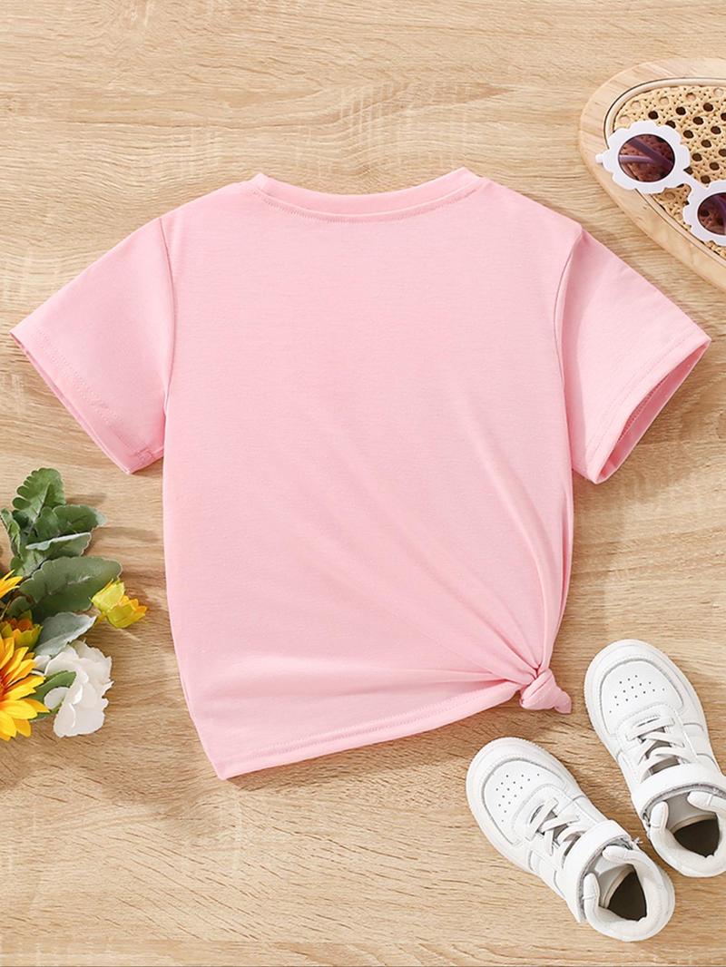 Product Introduction of Toddler Girl's Letter Print Round Neck Tee, Casual Short Sleeve Crew Neck T-Shirt for Summer, Kids Clothes for Daily Wear 2