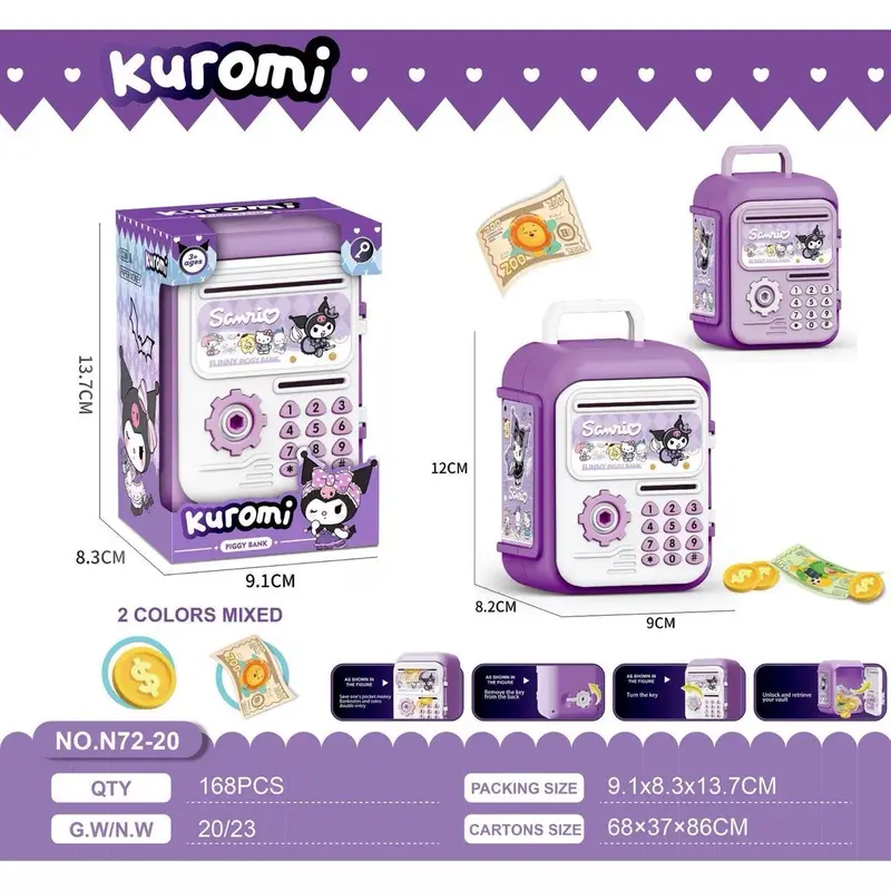 Két sắt mini hoạ tiết Kuromi Labubu màu tím xinh yêu cho bé đựng tiền tiết kiệm - Ống Heo 3