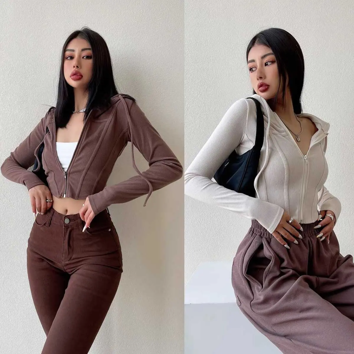 พร้อมส่ง เสื้อครอปเเขนยาวมีฮู้ดแนวหวานสดวัยรุ่นน่ารัก ผู้หญิง Clothing Women Lady แขนยาว
