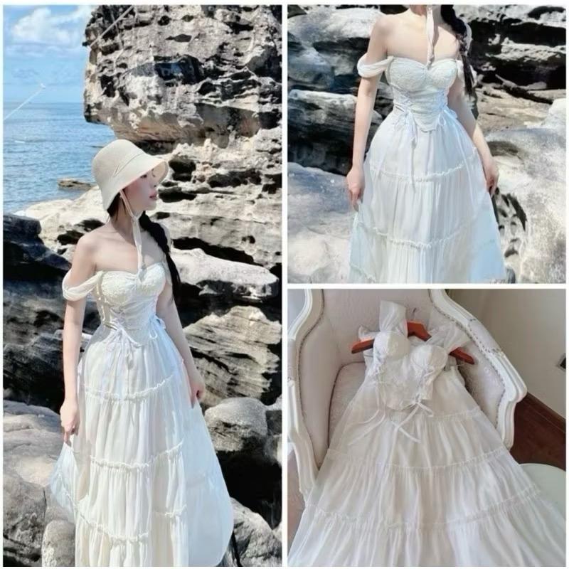 ( có bigsize ) Set áo corset nàng thơ đi biển trễ vai phối chân váy maxi dài by Tường Vy Shop