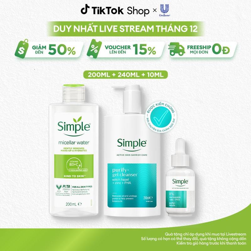   1   MỚI  Nước Tẩy Trang 200ml Cho Da Nhạy Cảm Sữa Rửa Mặt 240ml & Serum 10ml Purify+ Kiềm Dầu Giảm Mụn Sau 7 Ngày 