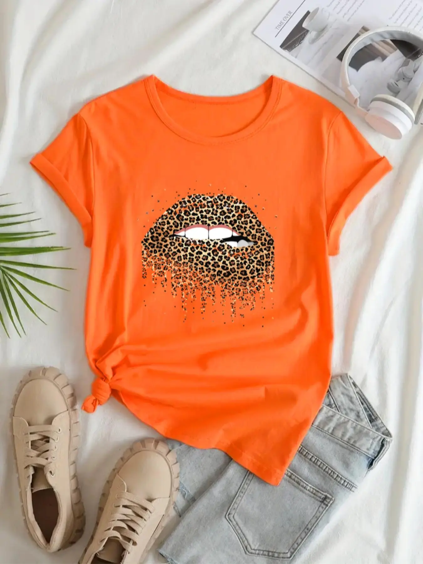 Women's Leopard Lips Print Round Neck Tee, Summer Clothes for Women, Casual Fashion Streetwear Short Sleeve T-shirt for  Spring Summer, Ladies Clothes for Daily Wear