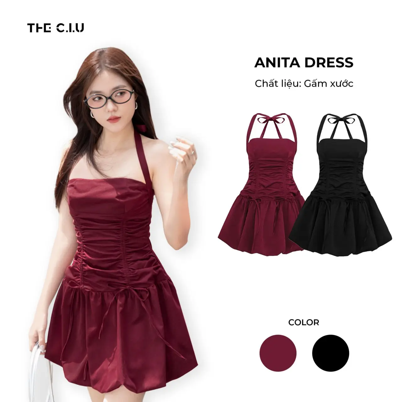 Đàm xòe gấm nhúng eo cổ yếm THE C.I.U - Anita Dress