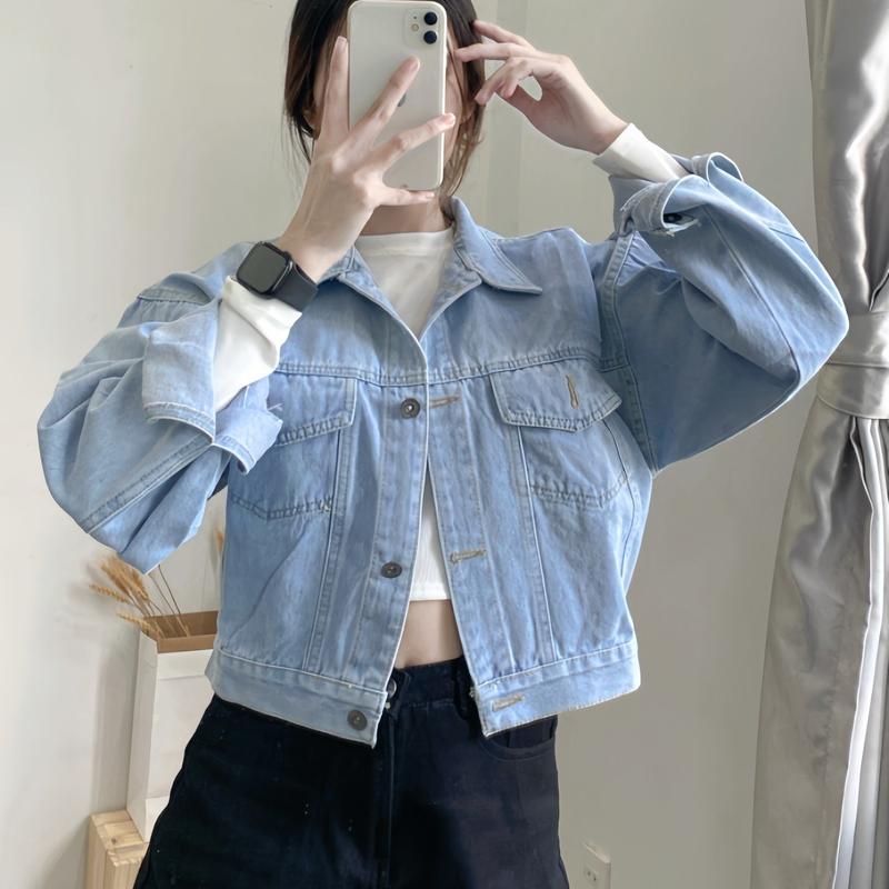 Áo Khoác Nữ Kaki Jean Nắp Túi, Áo khoác bò nữ from croptop Women Jacket  Có Cổ Kem