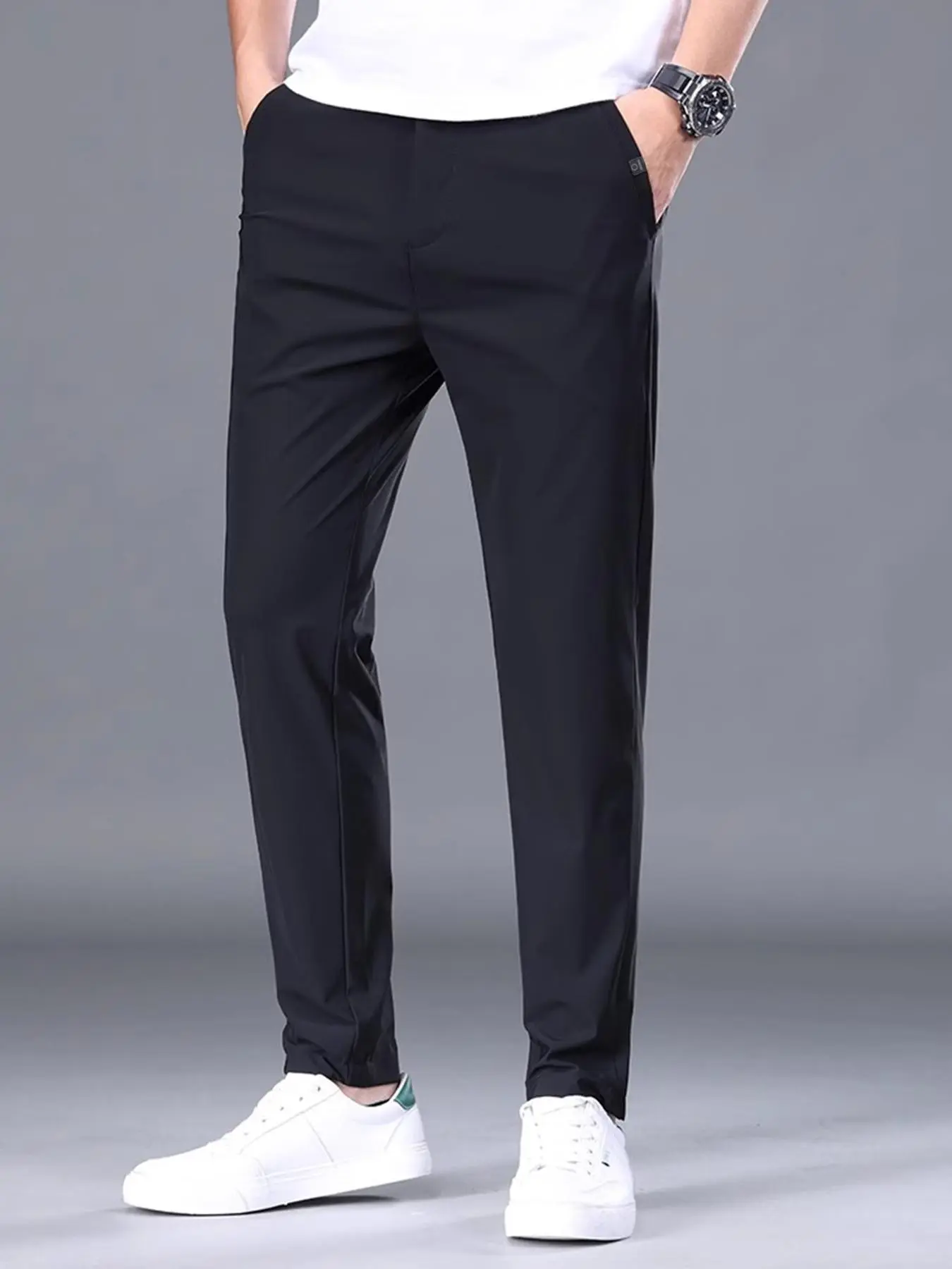Men's Solid Color Stretchy Waistband Pants, Regular Fit Casual Comfy Breathable Trousers for Work Office Business, Men's Bottoms for Summer, Menswear