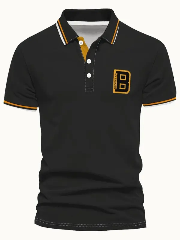 Men's Regular Fit Letter Print Stripe Trim  Polo Shirt, Casual Short Sleeve Half Zip Up Collar Top for Summer, Fashion Men's Clothes for Daily Wear, Tropical 3