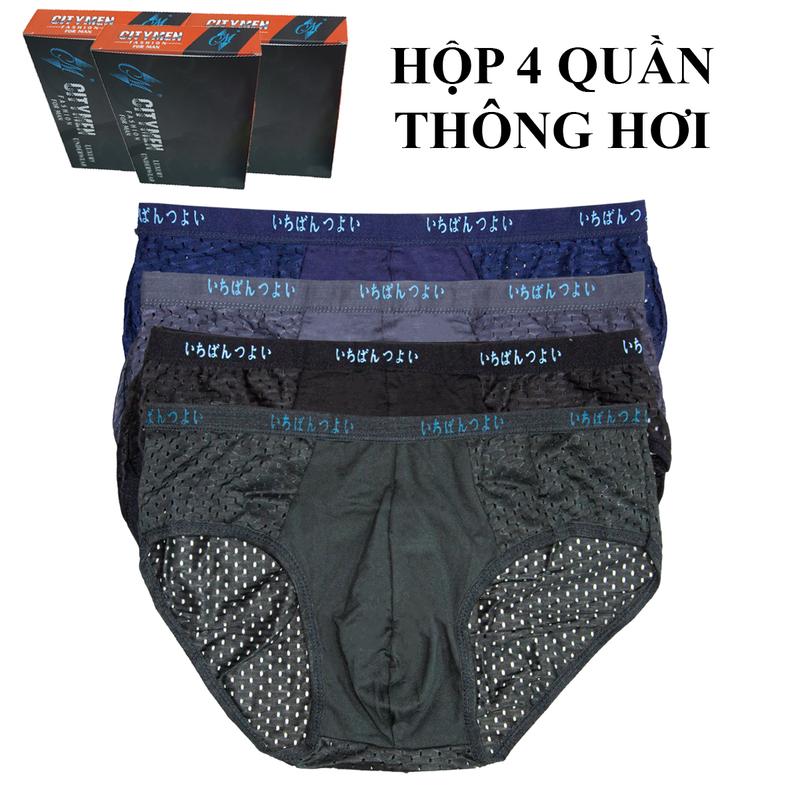 Hộp 4 quần lót nam lưới Nhật thun lạnh, quần sịp nam thông hơi có nhiều lỗ thoát khí thoáng mát, quần xì nam Menswear mịn mát co giãn 4 chiều Boxer Quần Boxer