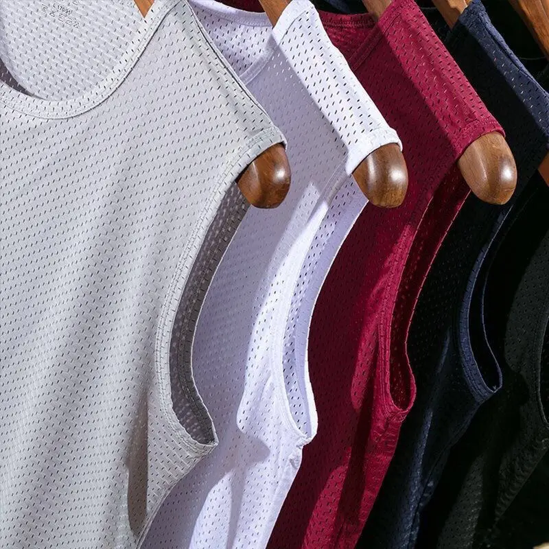Ice Silk Vest Men's Fashionable Thin Mesh Hole Breathable Quick-Drying Sports Wide Shoulder Outer Wear Men's Sleeveless Shirt Summer