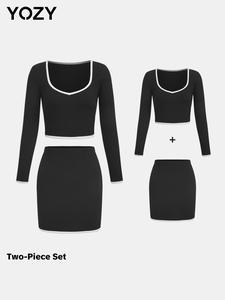 YOZY Two-Piece Set Women's Contrast Binding Tee & High Waist Skirt, Casual Long Sleeve Top & Bodycon Skirt for Fall & Winter, Women's Clothes for Daily Wear