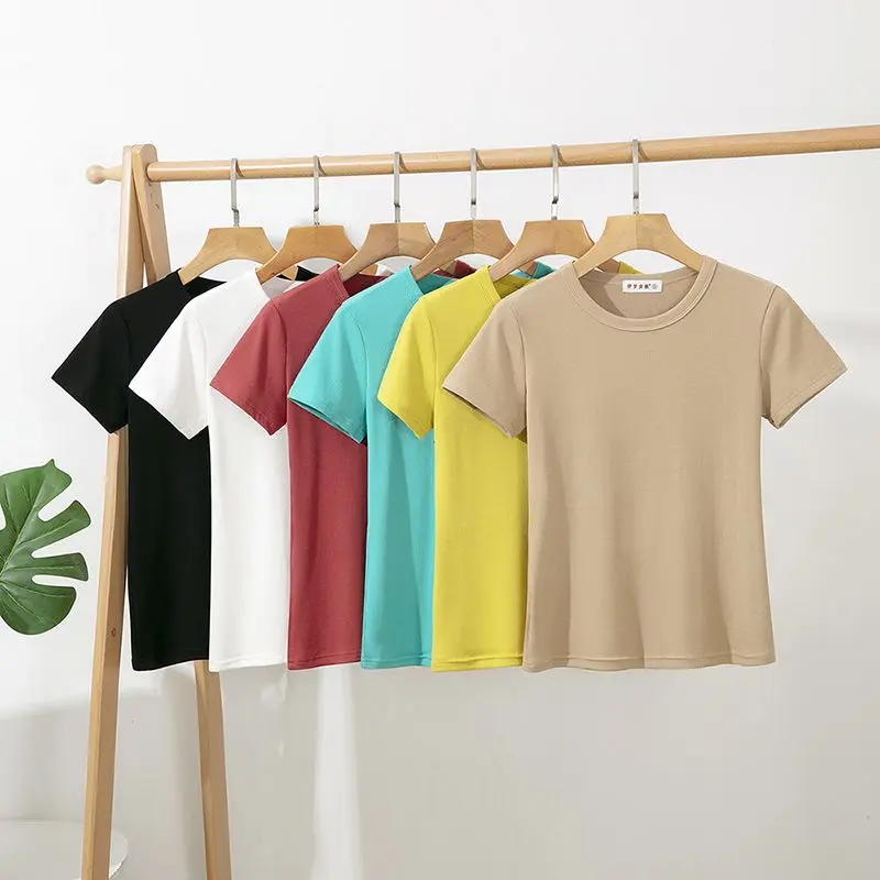Áo Thun ngắn Tay Mỏng Cao Cấp, Phong Cách, Sợi Mịn, Dành Cho Nữ, Dáng Ôm, Màu Trơn Cổ Tròn, Thời Trang, Áo Sơ Mi Cơ Sở Dễ Phối Đồ Thích Hợp Cho Mùa Hè