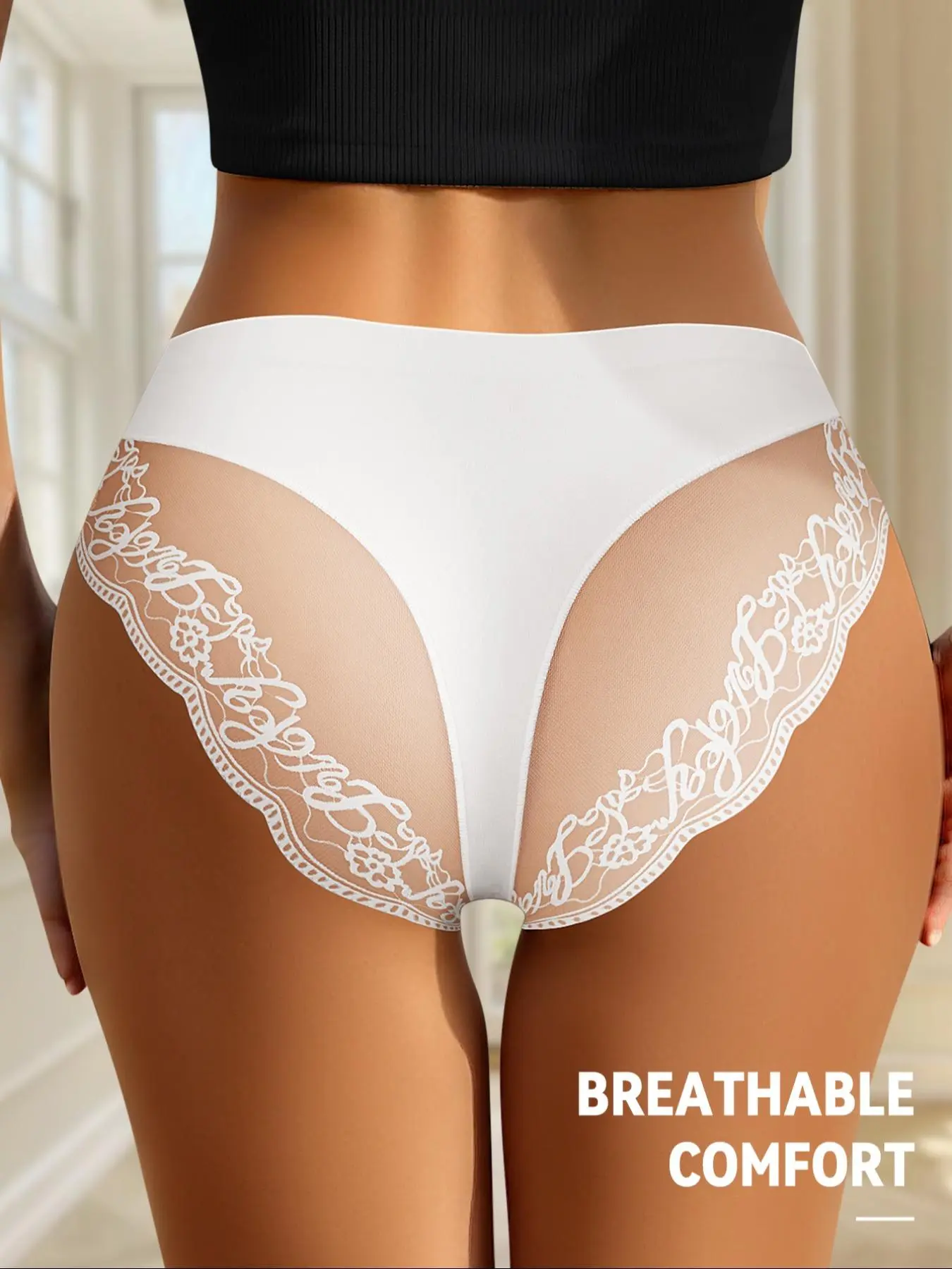 Women's Plain Contrast Lace Brief, Soft Comfy Breathable Brief for Daily Wear, Underwear for All Seasons