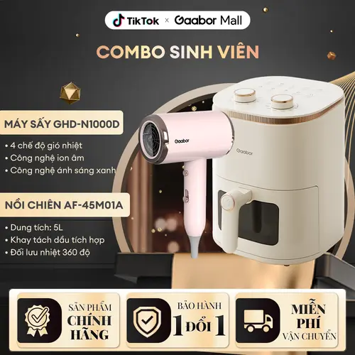 GAABOR | Combo Sinh viên | Nồi chiên không dầu Gaabor AF-45M01A nút cơ dung tích 5 lít công suất 1350W giá rẻ đa năng thiết kế đẹp mắt và Máy sấy tóc ion âm ánh sáng xanh Gaabor GHD-N1000D công suất 1000W sấy nhanh 2 chiều nóng lạnh độ ồn thấp