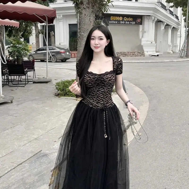 Bb36 Váy Ren Nhung Chân Lưới Dài Kèm Dây Eo Hoa ( chuẩn ảnh) tôn dáng nữ tính,38-54kg,szS/M 0