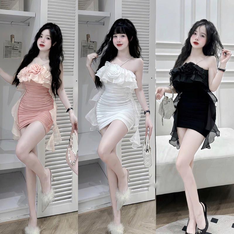 Đầm Body Cổ Yếm Thun Lưới Phối Tơ Tua Rua Siêu Xinh  Nữ Dress váy  tiệc Women Nhung Voi