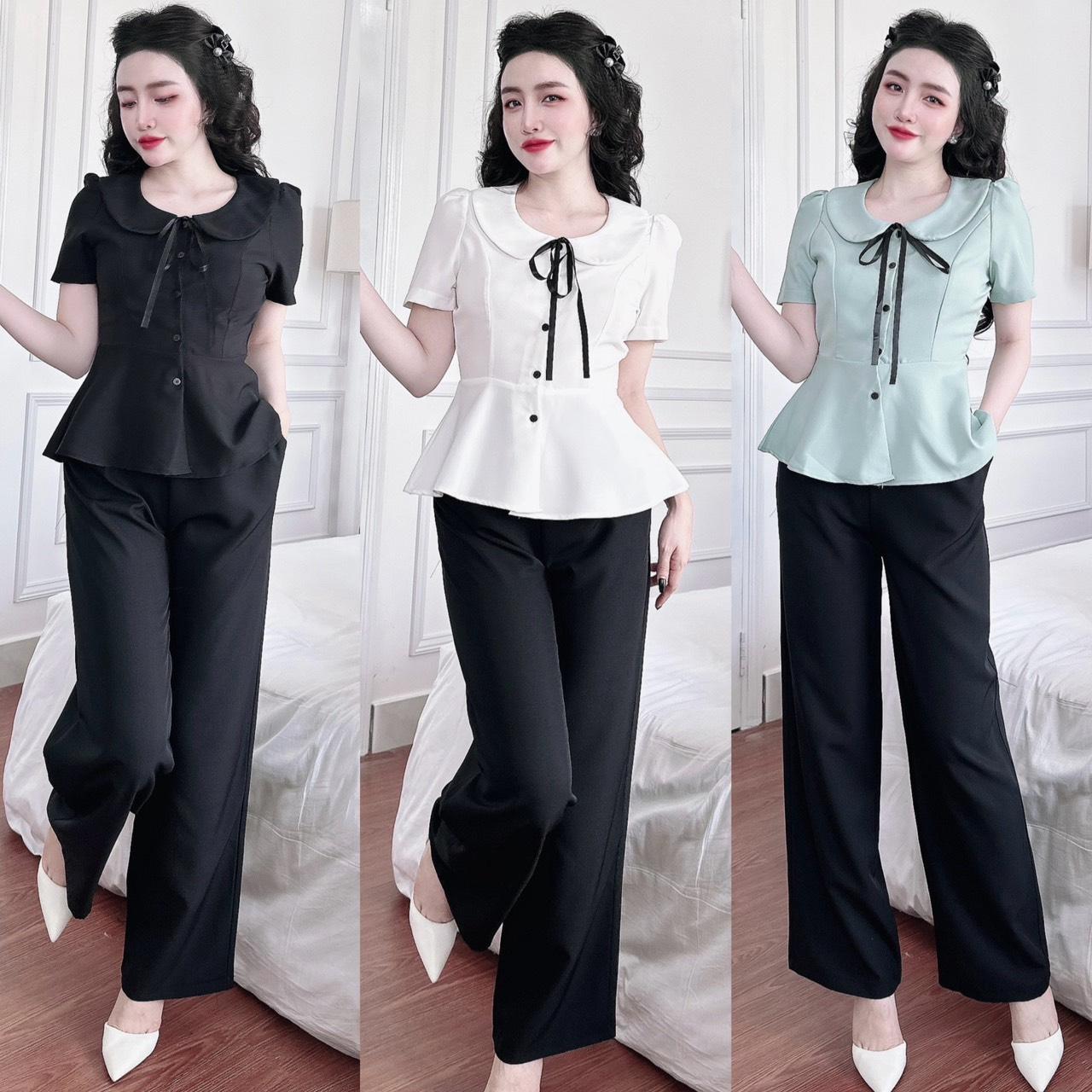 Set Quần Áo Xòe Cổ Set Thắt Nơ Bigsize Nữ Áo Vải Lụa Chéo 40 - 95Kg Top Xoè Women Ống Loe - A.1321