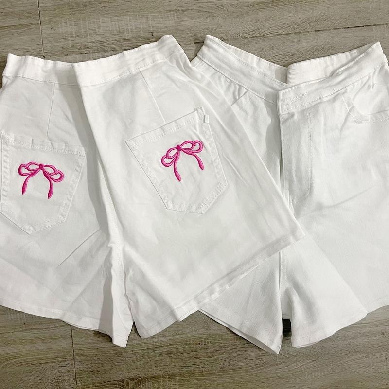 Q015 Ảnh thật Quần short kaki jean túi thêu nơ hồng xin xắn quần đùi cạp cao 2 túi sau thêu nơ quần lưng cao ôm body