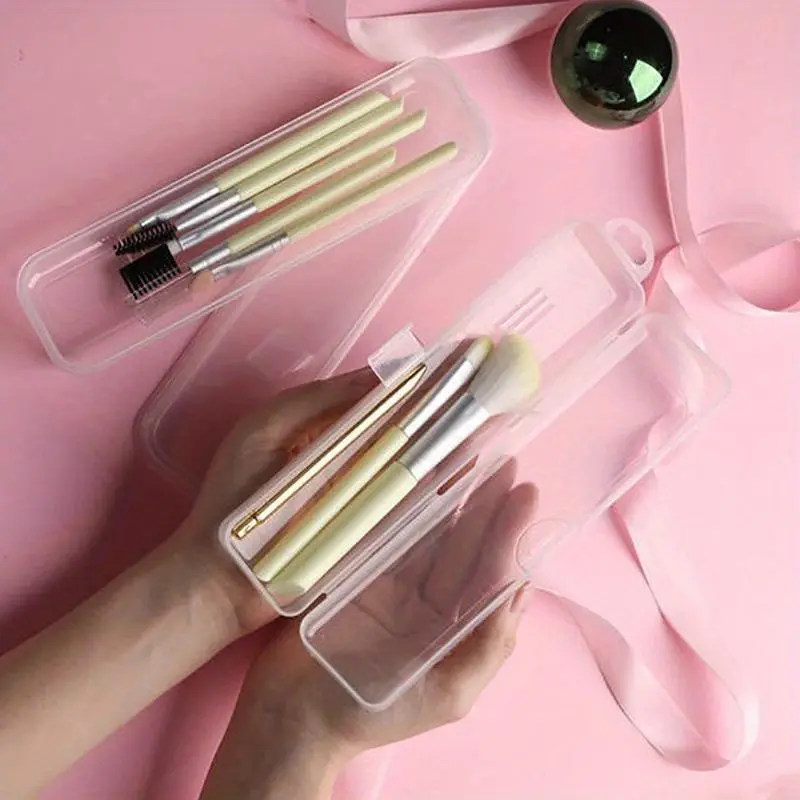 Clear Makeup Brush Holder, 1 Count Portable Makeup Brush Storage Box with Lid, Desk Organizer for Home Office School Dormitory Kitchen 4
