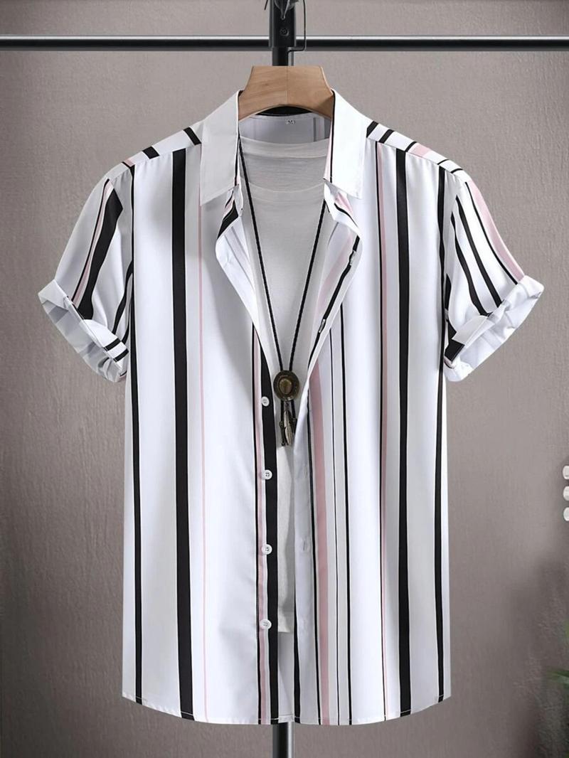 Product Introduction of Men's  Striped Print Short Sleeve Shirt, Regular Fit Casual Button Up Top for Summer, Fashion Men's Top for Daily Wear 1