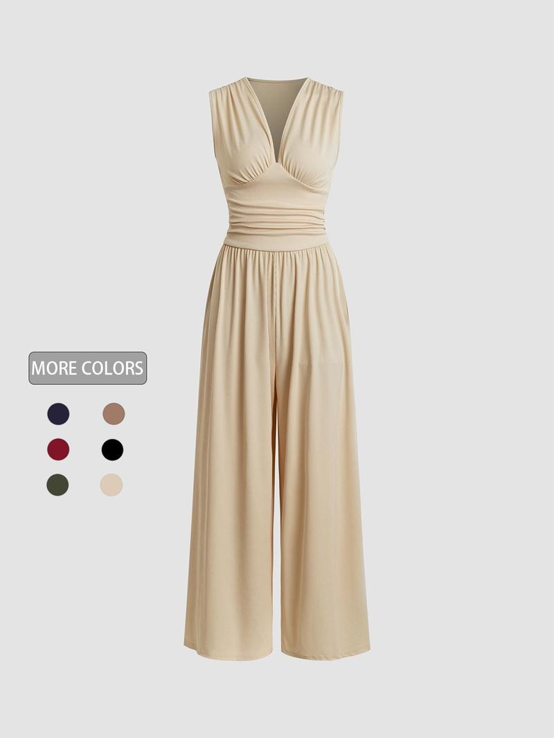 Product Introduction of Women's Plain Ruched Deep V Neck Ribbed Jumpsuit, Elegant Sleeveless Wide Leg Jumpsuit for Summer, Back to School Outfits, Ladies Clothes for Beach Holiday Vacation 3