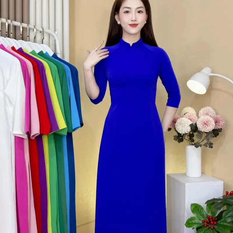 áo dài nữ áo chất liệu vải lụa Mỹ cao cấp dáng truyền thống cổ 2 phân tay lỡ 3