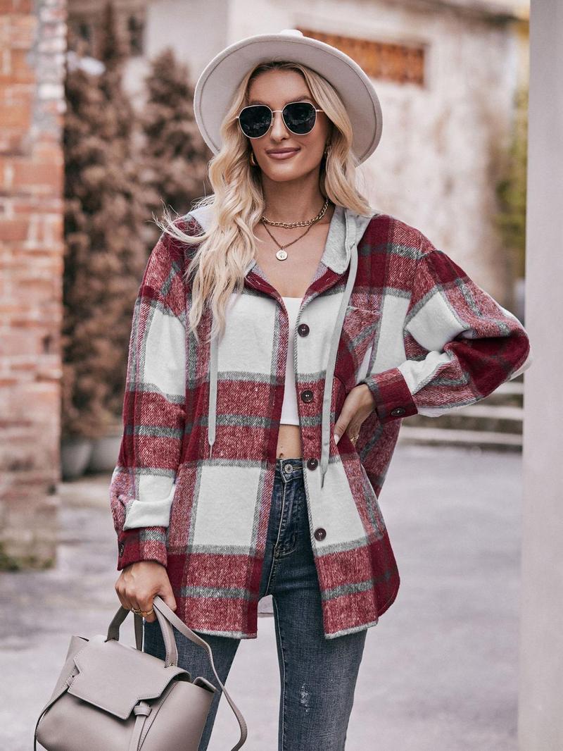 Product Introduction of Women's Plaid Print Button Front Drawstring Hooded Coat, Casual Drop Shoulder Long Sleeve Pocket Outerwear for Fall & Winter, Ladies Clothes for Daily Wear 5