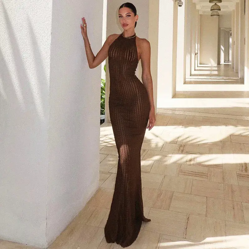 Women's Trend 2024 Beach Summer Sexy Knitted See Through Halter Backless Maxi Bodycon Dress Party Evening Holiday Robe Vestidos