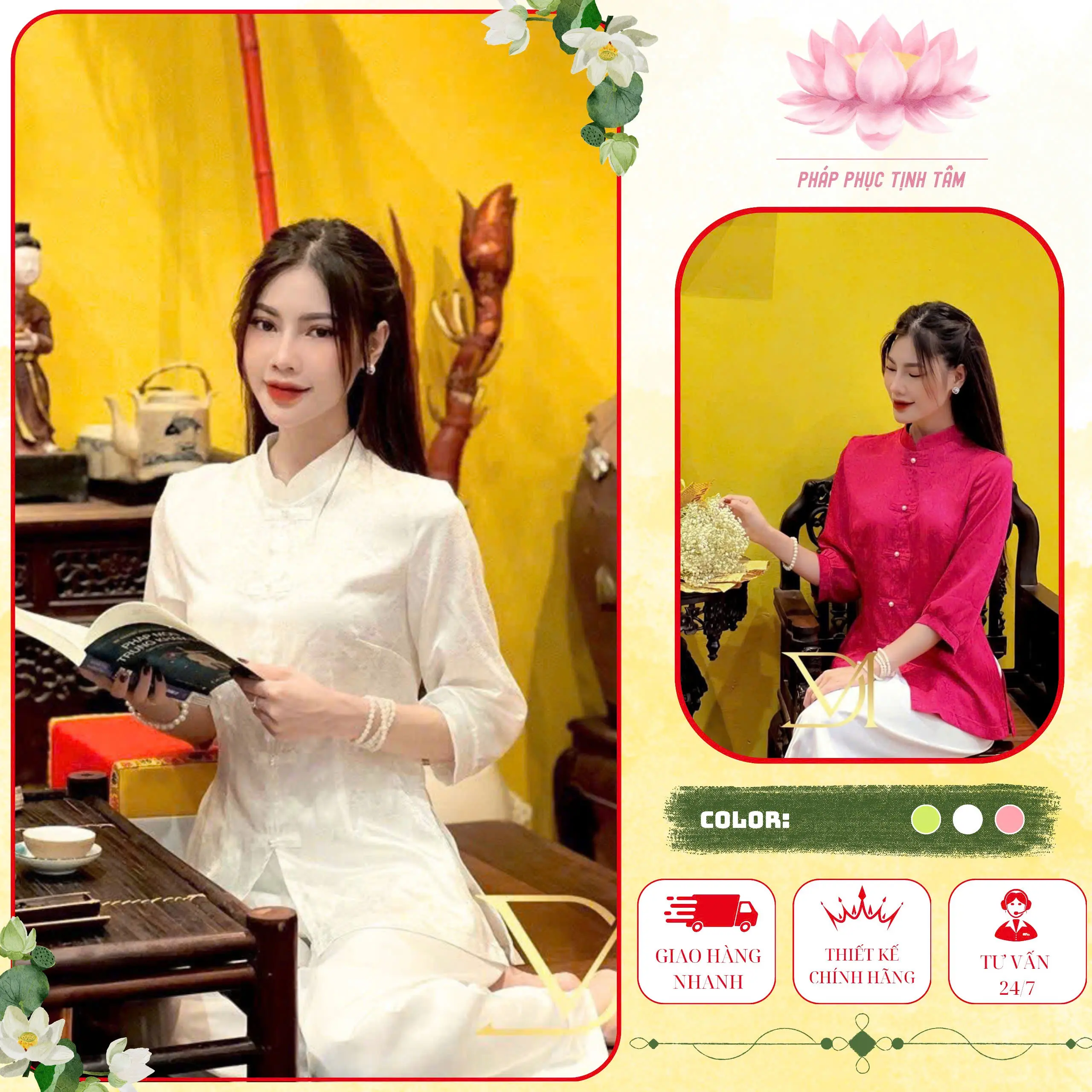 Tịnh Tâm 15- Áo Bà Ba Cổ Tàu Vạt Đứng Lụa Gấm Mềm Mại 4 Size S,M,L,XL Không Bao Gồm Quần Top Nữ