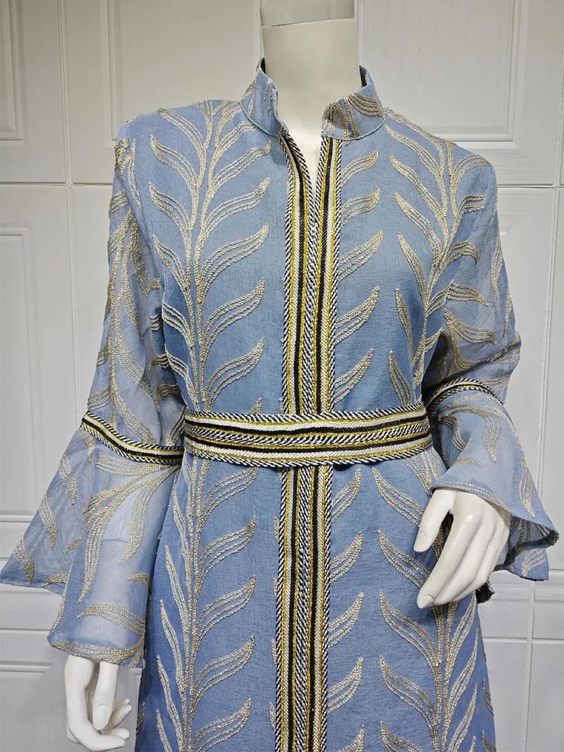 Product Introduction of Dubai Embroidery Abaya With Belt For Muslim Woman Notched Stand Collar Flare Sleeve Elegant Loose Moroccan Saudi Kaftan 25