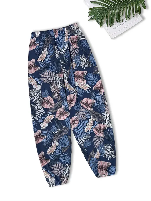 Women's Tropical Print Elastic Waist Harem  Pj Sleep Pants, Casual Comfy Loungewear Pants for Daily Outdoor Wear, Women Sleep Bottoms for Summer Spring Fall 0