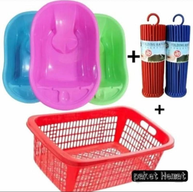 Product Introduction of PAKET HEMAT bak mandi bayi+keranjang bayi+folding hanger 30 stik!!! 1