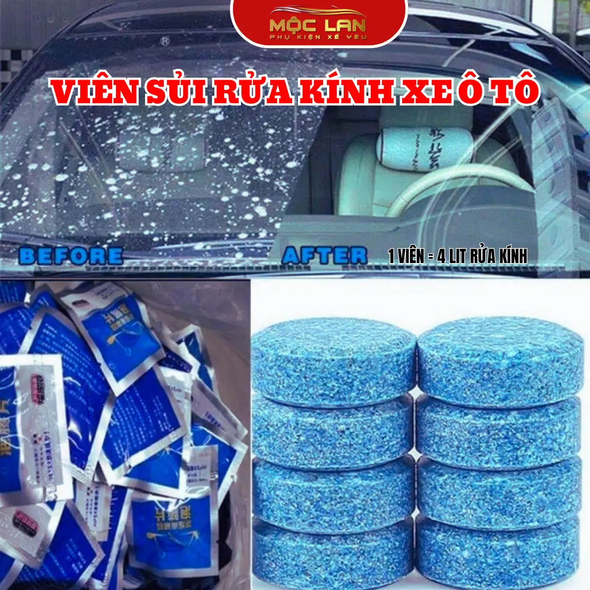 Viên sủi nén rửa kính ô tô Mộc Lan siêu sạch tạo hiệu ứng lá sen chống bám nước mưa