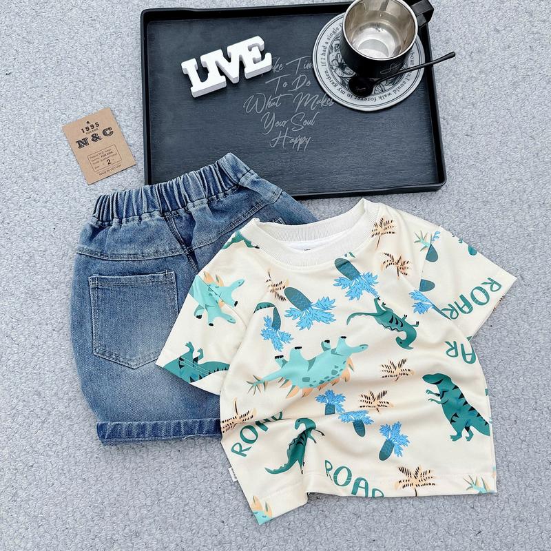 Bộ quần áo ngắn tay in hình Khủng Long áo cotton gai và quần short jean tron bé trai từ 8-26kg Shop Loan kids 94