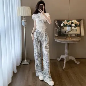 FADFAD Setelan wanita atasan lengan pendek minimalis dan celana panjang high waist motif cetak