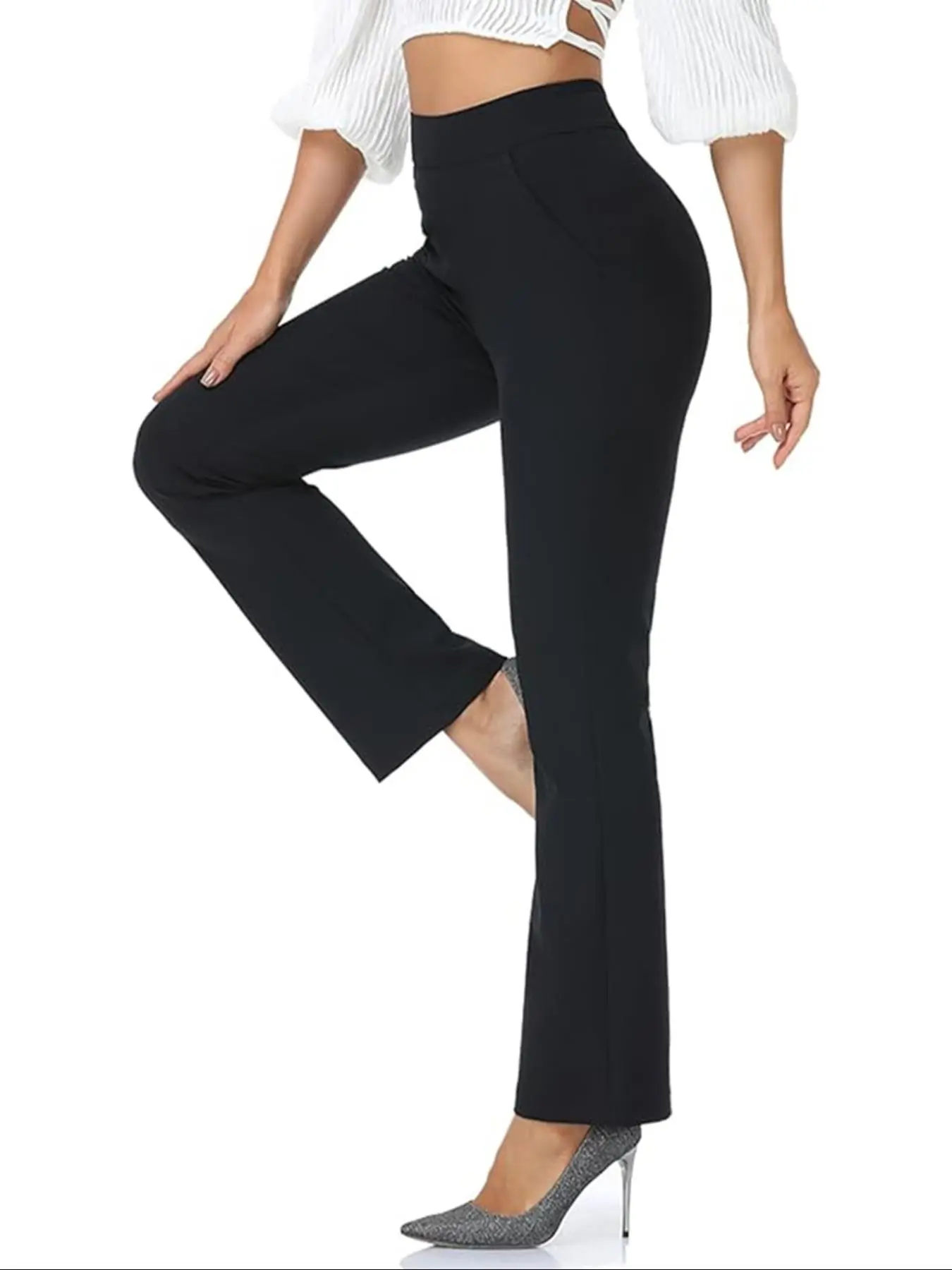 Women's Solid Pocket Elastic Waist Straight Leg Pants, Casual Comfy High Waist Trousers for Work Office Business, Ladies Fall & Winter Bottoms