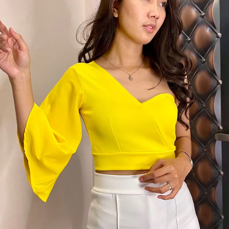 Daisy Atasan One Shoulder Scuba Crop Top One Shoulder Scuba Chiffon Lengan Terompet Baju Wanita 4