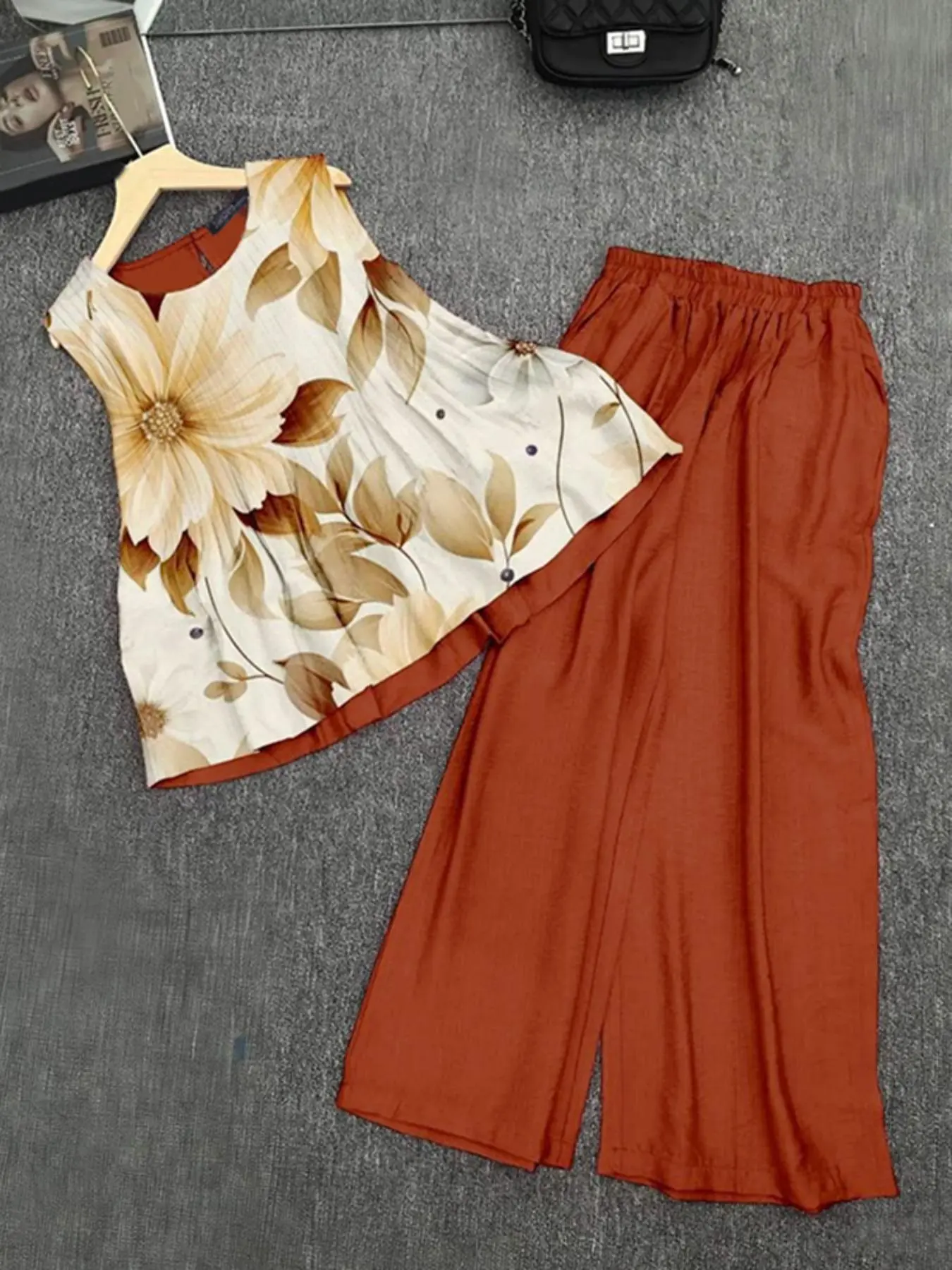 Women's Floral Print   Tank Top & Wide Leg Pants Two-piece Set, Casual Sleeveless Top & Pants for Summer, Ladies Clothes for Daily Wear